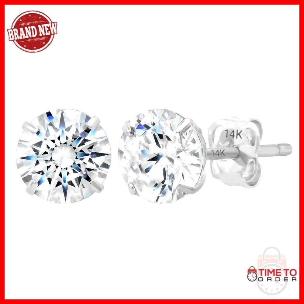 14K White Gold Cubic Zirconia Stud Earrings 7mm Unisex Waterproof